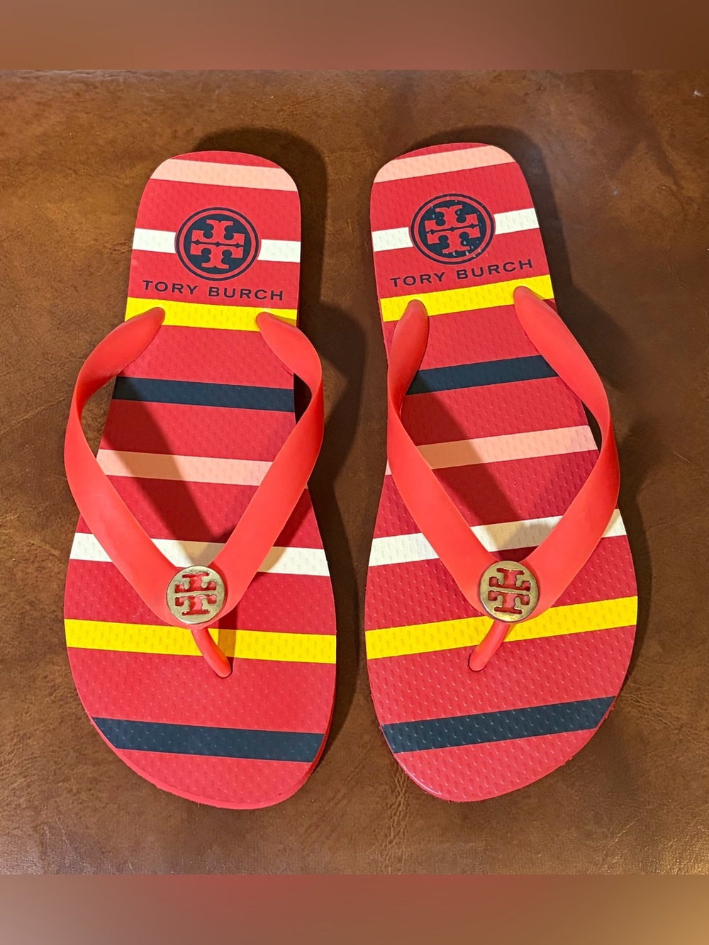 Tory Burch Women's Sandal Size 6 Thong Flip Flop Logo Red Orange Yellow Stripe